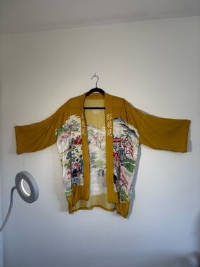 Mustard Yellow & Scenic Print Kimono Jacket